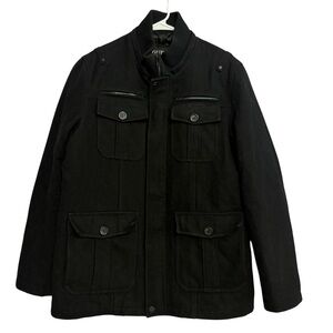 GUESS Men's Black Wool-blend Military Coat with a Quilted Lining Size Large